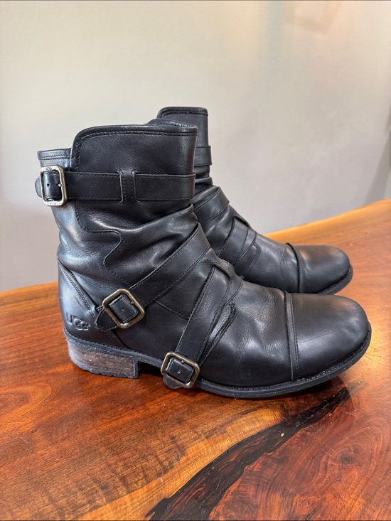 UGG Shoes - UGG Moto Black Leather Buckle Ankle Boots Size 12